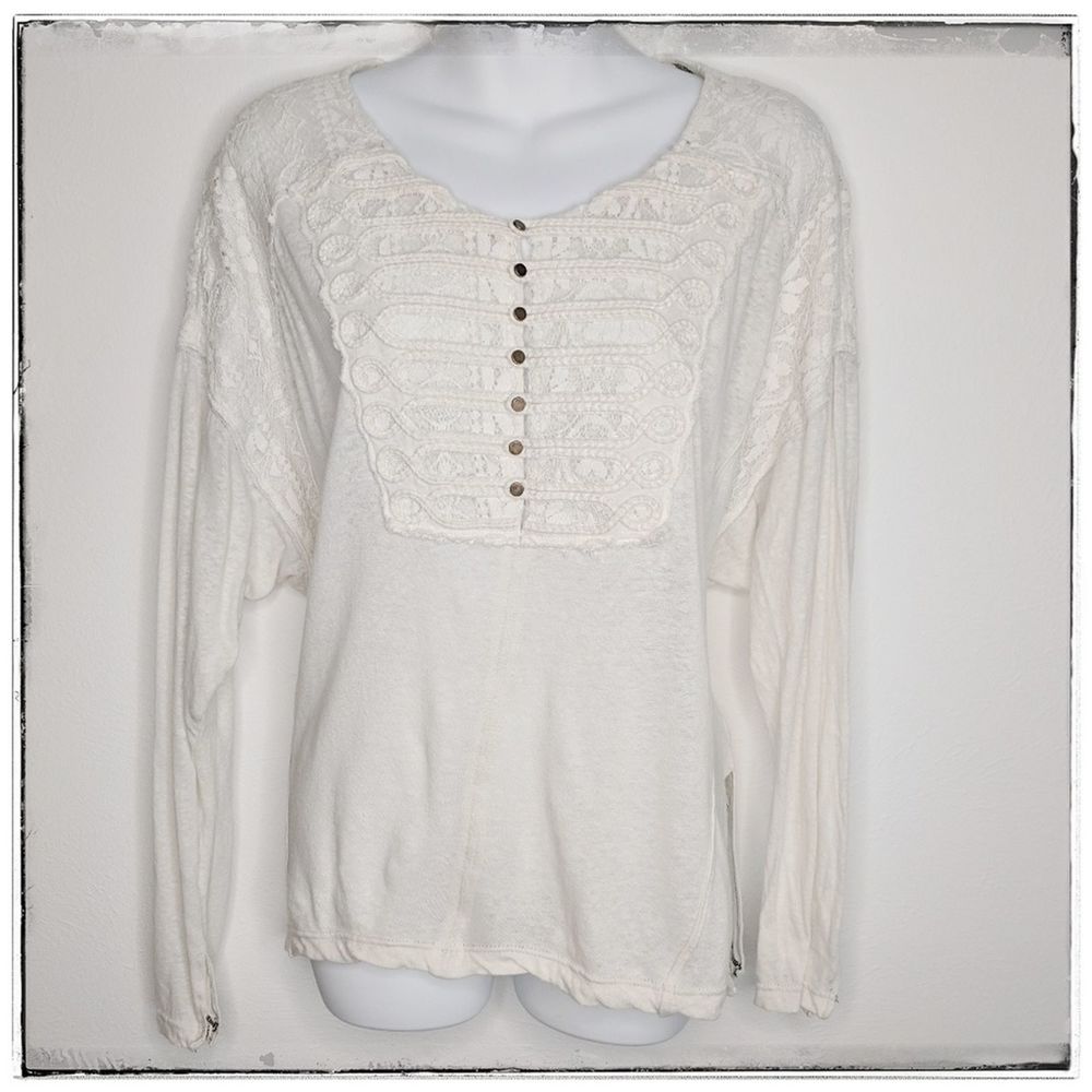 Free People Cream Long Sleeve Lace Yoke Henley Top